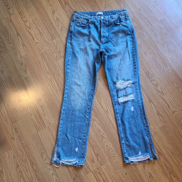 GOOD AMERICAN GOOD BOY SPLIT HEM RIPPED JEANS HIGH RISE STRAIGHT LEG sz 12/31 - Picture 2 of 8
